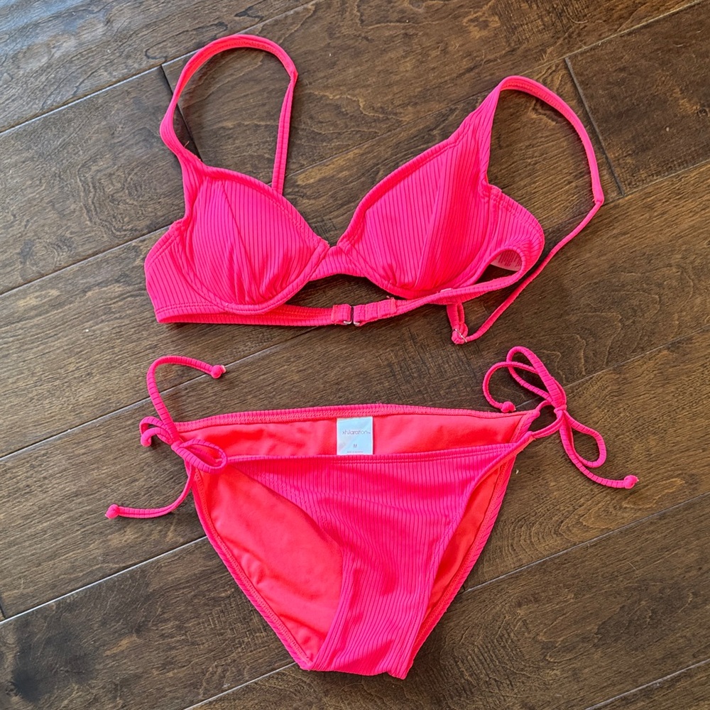 Hot Pink/coral Ribbed Two-Piece Bikini Set